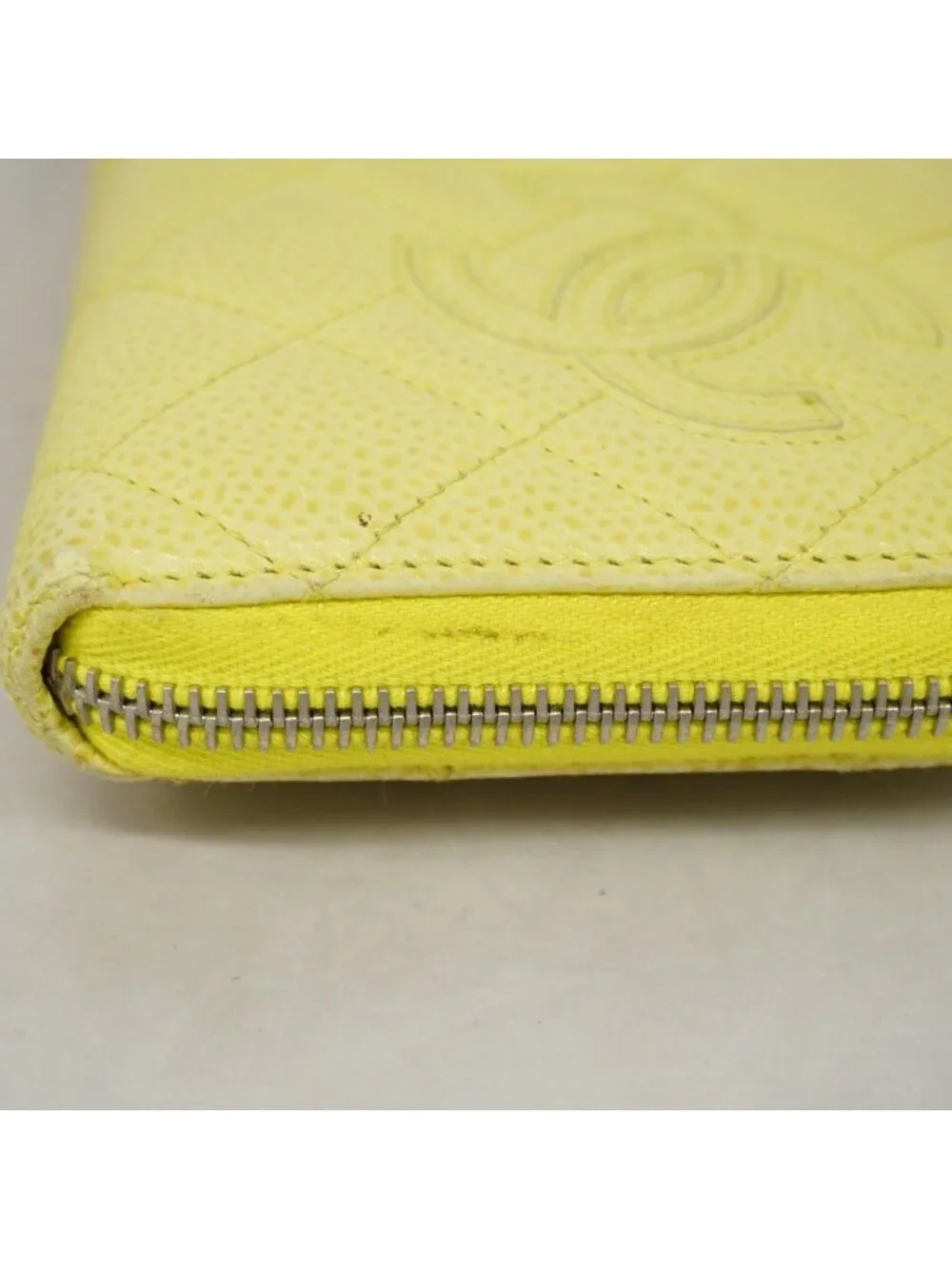 Chanel Wallet Quilted Caviar Leather Yellow Silver